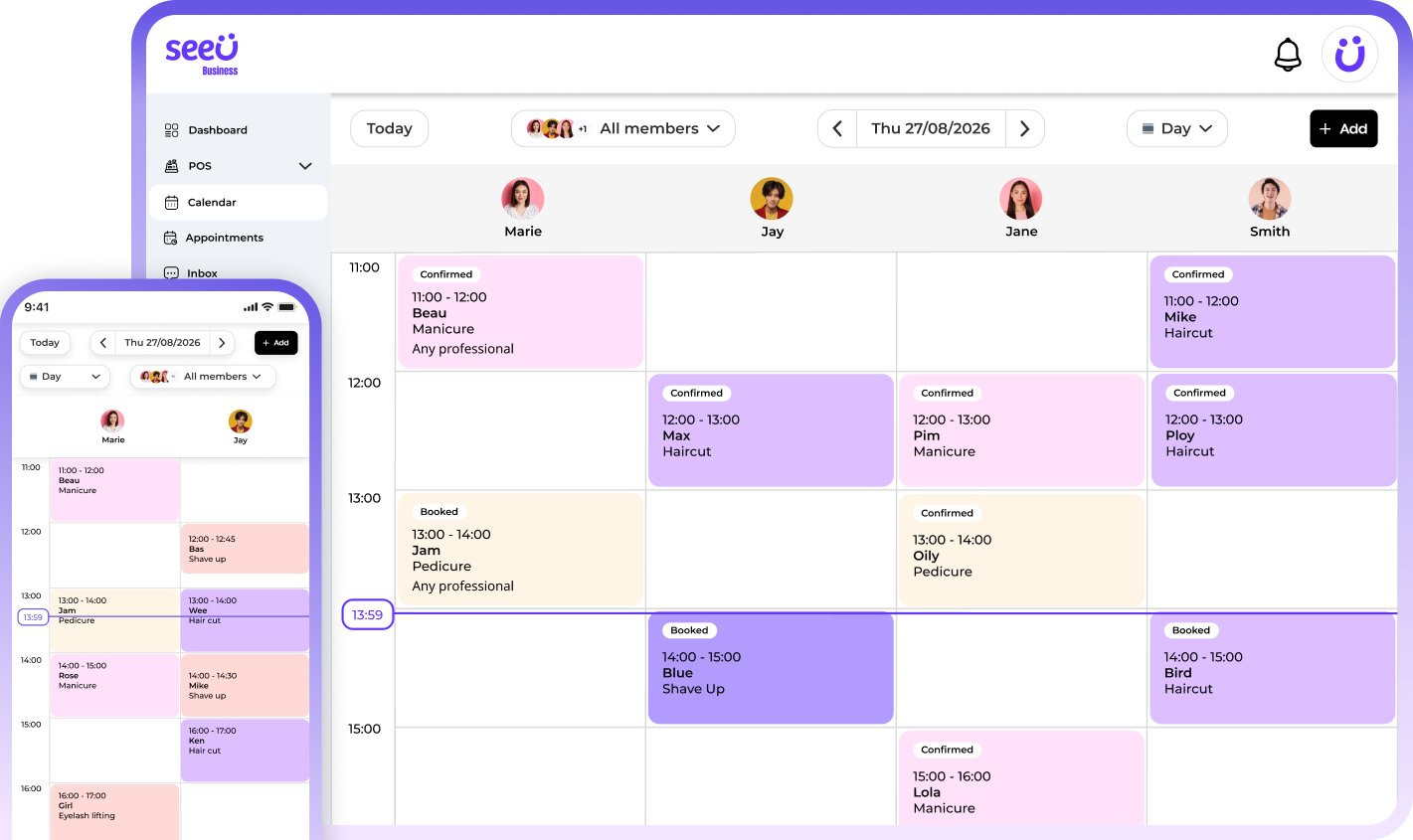 SeeU for Business dashboard — statistics, calendar and bookings on desktop and mobile