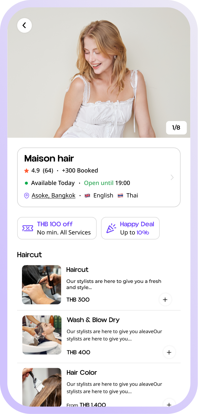 Shop page on SeeU with services, prices, ratings and instant booking
