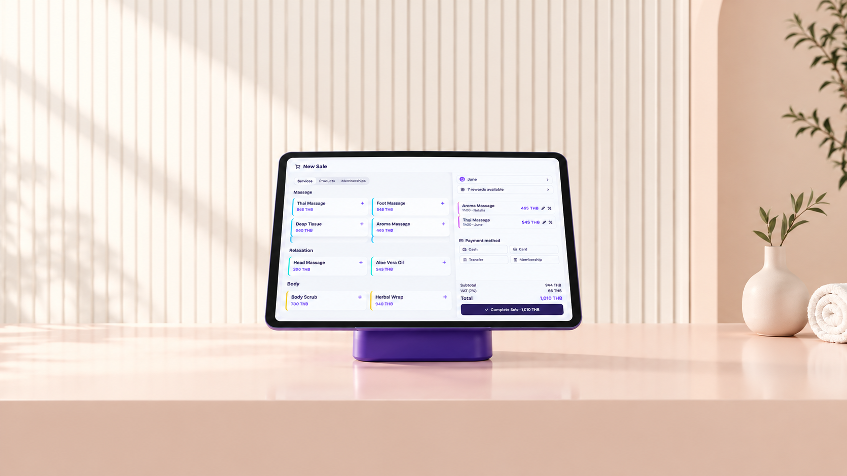 SeeU POS on a tablet at the front desk, with a massage sale ready to pay
