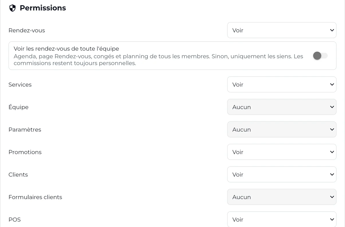 Réglage des accès d’un membre du staff dans SeeU, rubrique par rubrique