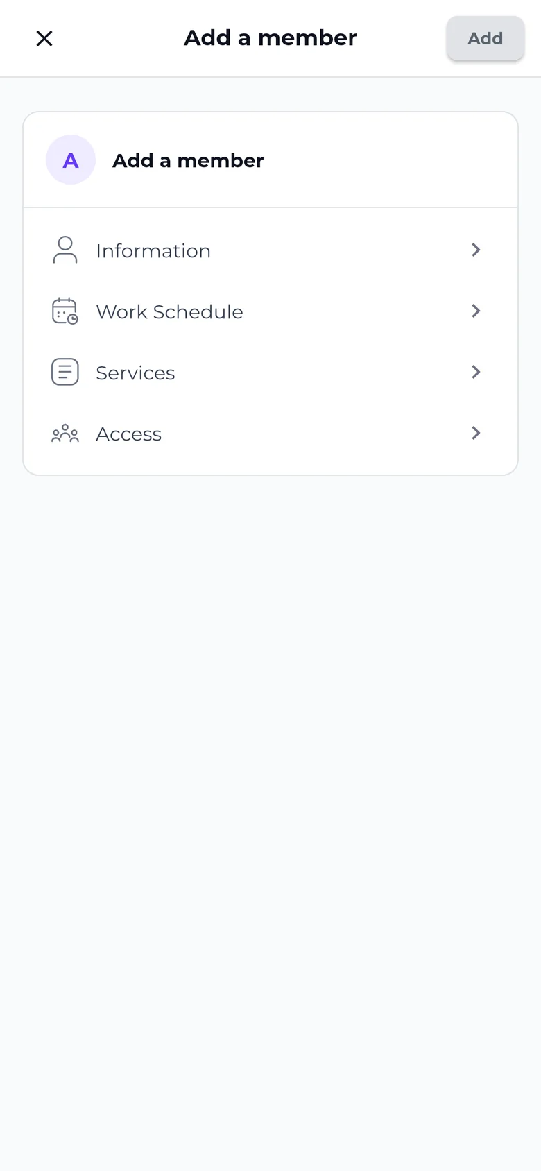 Adding a team member in the SeeU mobile app: information, work schedule, services, access