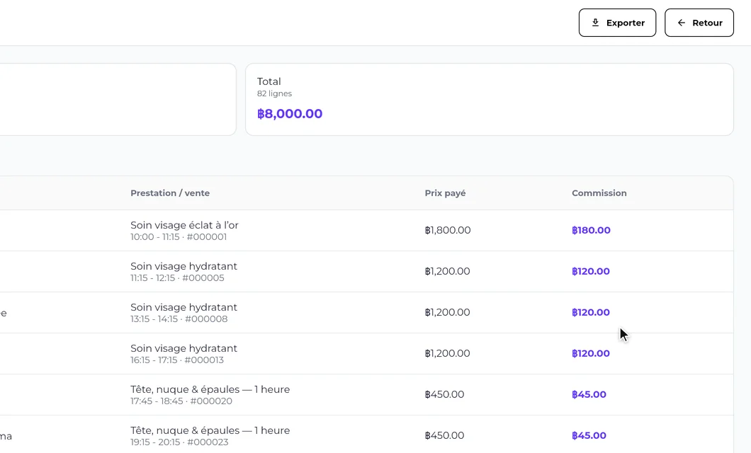 Détail des commissions d’un membre dans SeeU, ligne par ligne, avec le bouton Exporter