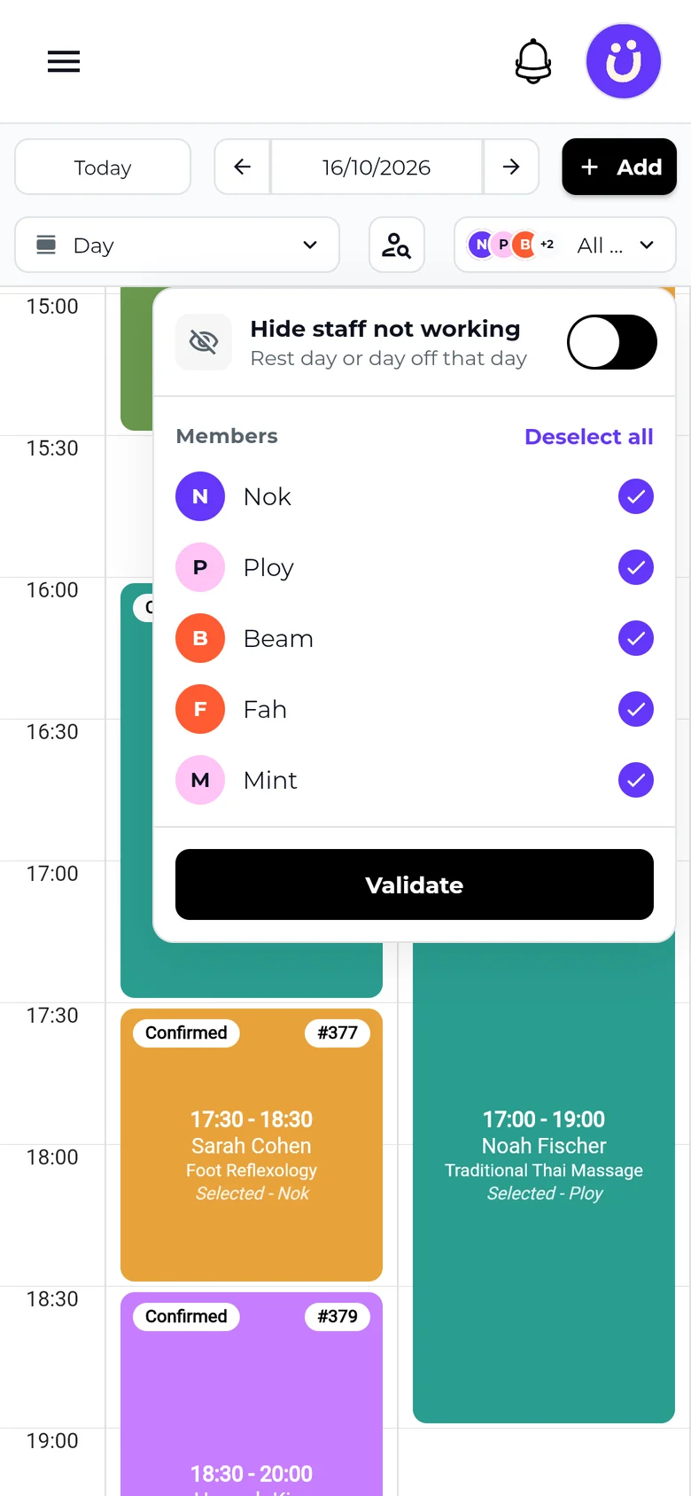 SeeU mobile calendar: hide staff who are not working that day
