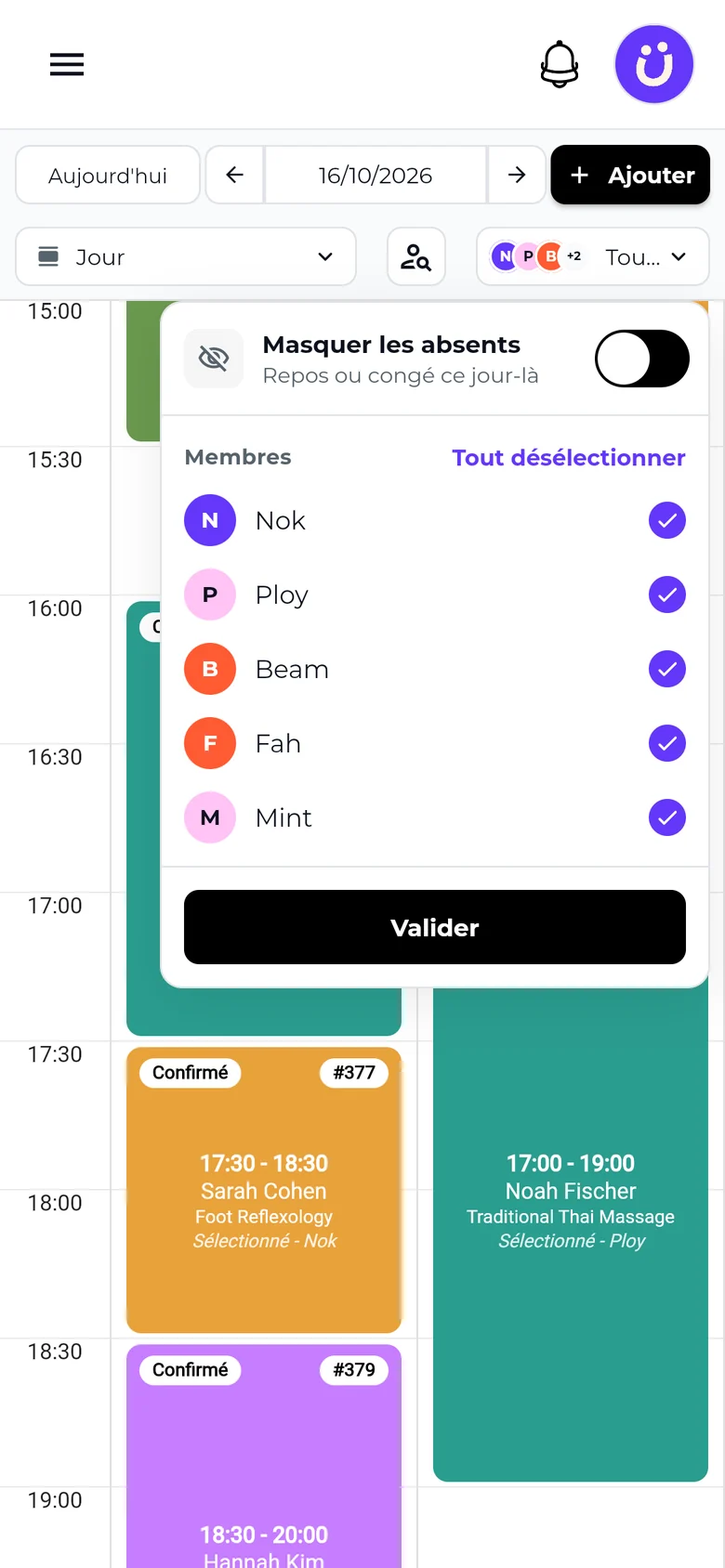 Agenda mobile de SeeU : masquer les membres absents ce jour-là