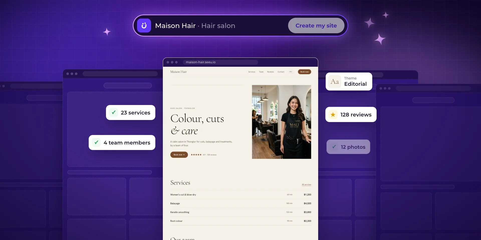 A salon website fills itself with the salon’s services, team and reviews, for a hair salon, a barbershop, a nail studio and a massage spa.