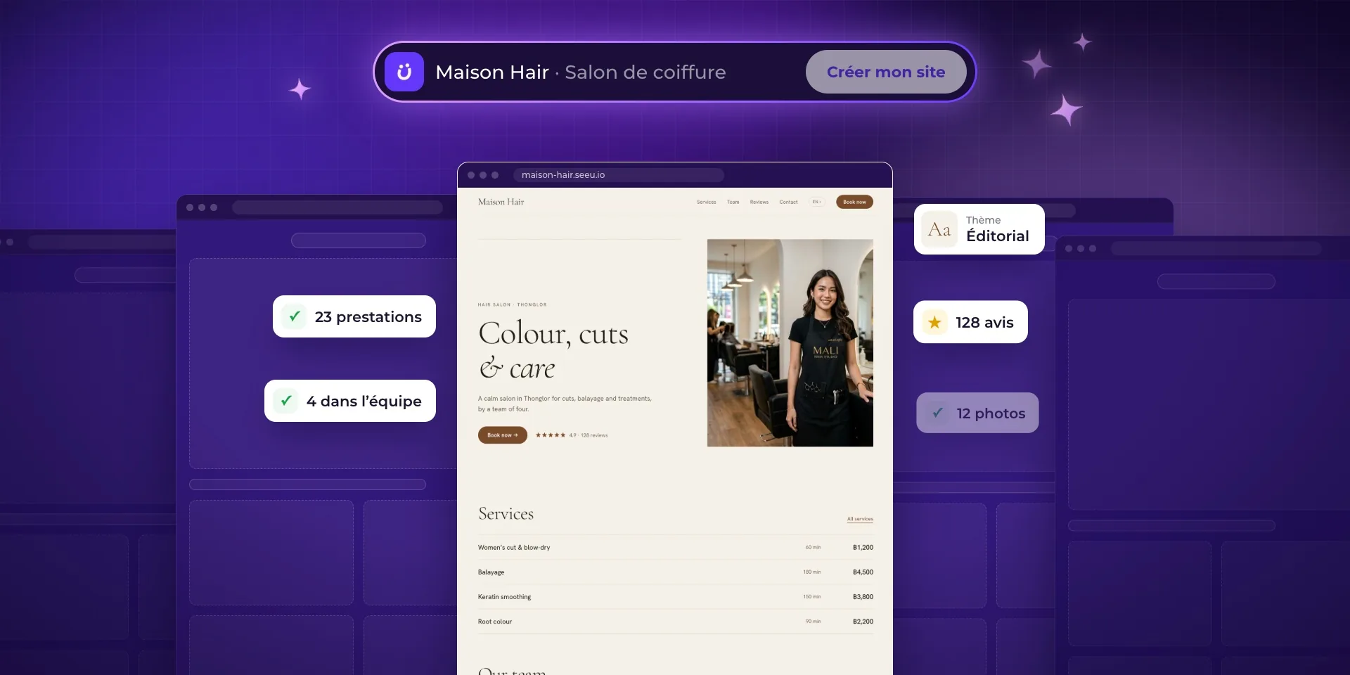 Le site d’un salon se remplit tout seul avec ses prestations, son équipe et ses avis, pour un salon de coiffure, un barbier, une onglerie et un spa.