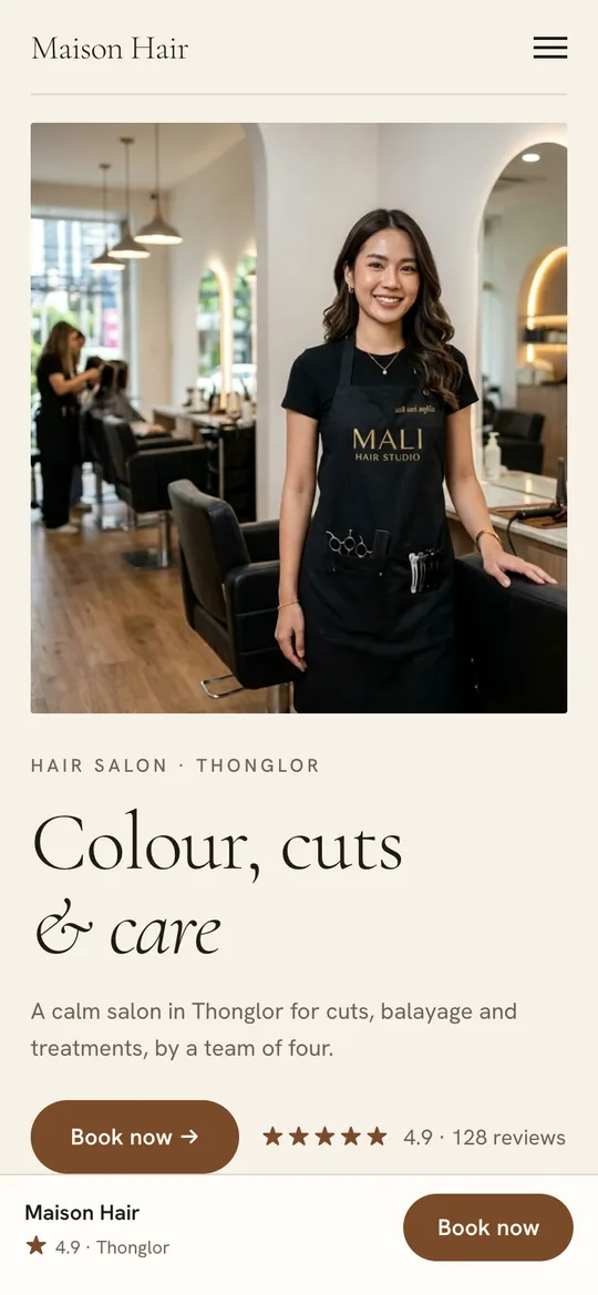 The Maison Hair website on a phone, with the Book now bar at the bottom