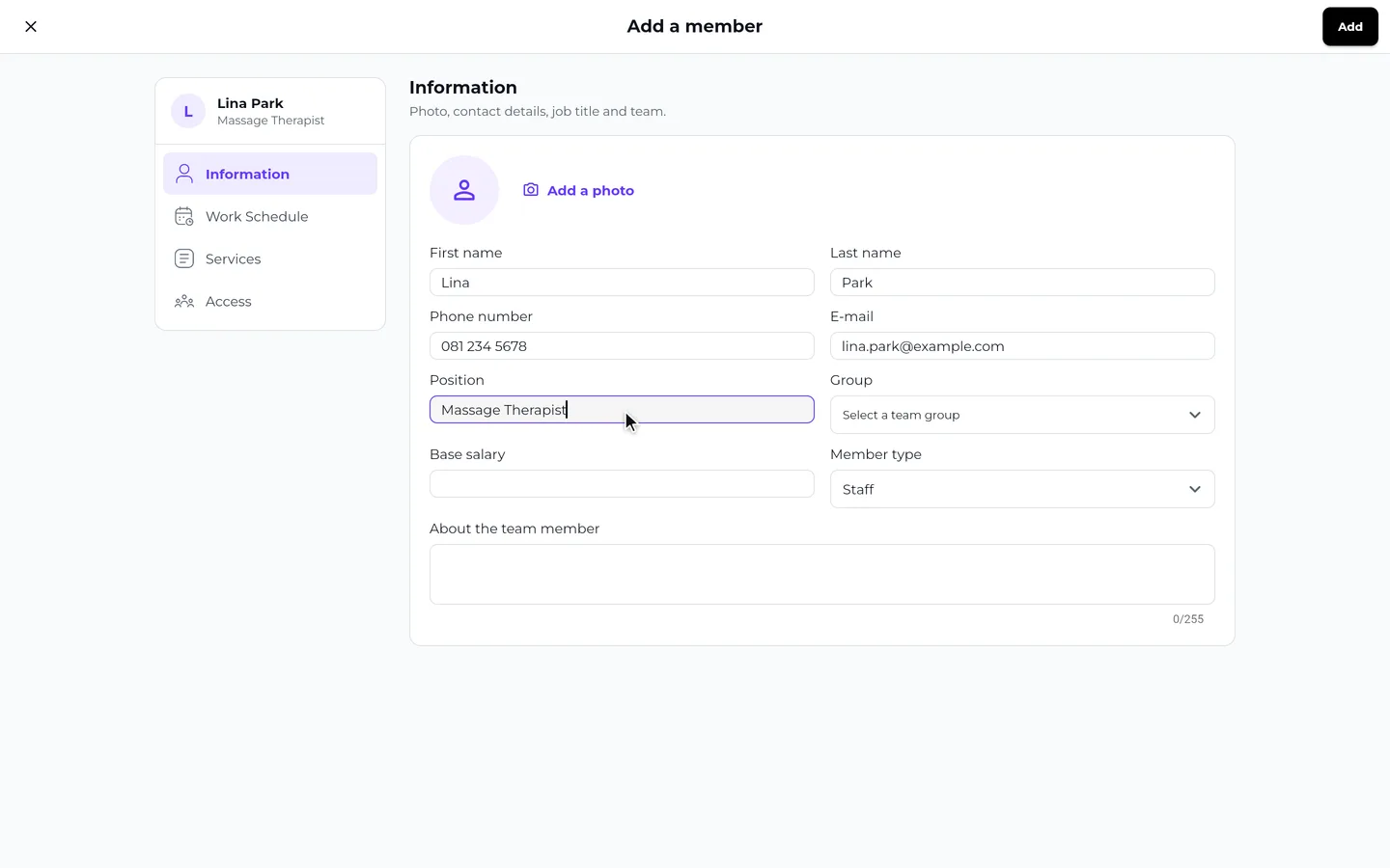 Step 2 of “Add a team member” in the SeeU for Business app