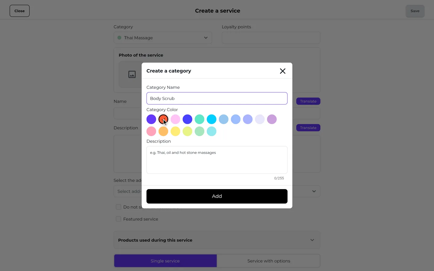 Step 3 of “Create a service with a new category” in the SeeU for Business app