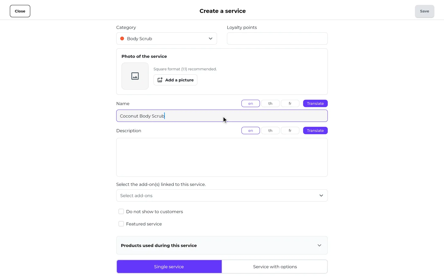 Step 4 of “Create a service with a new category” in the SeeU for Business app