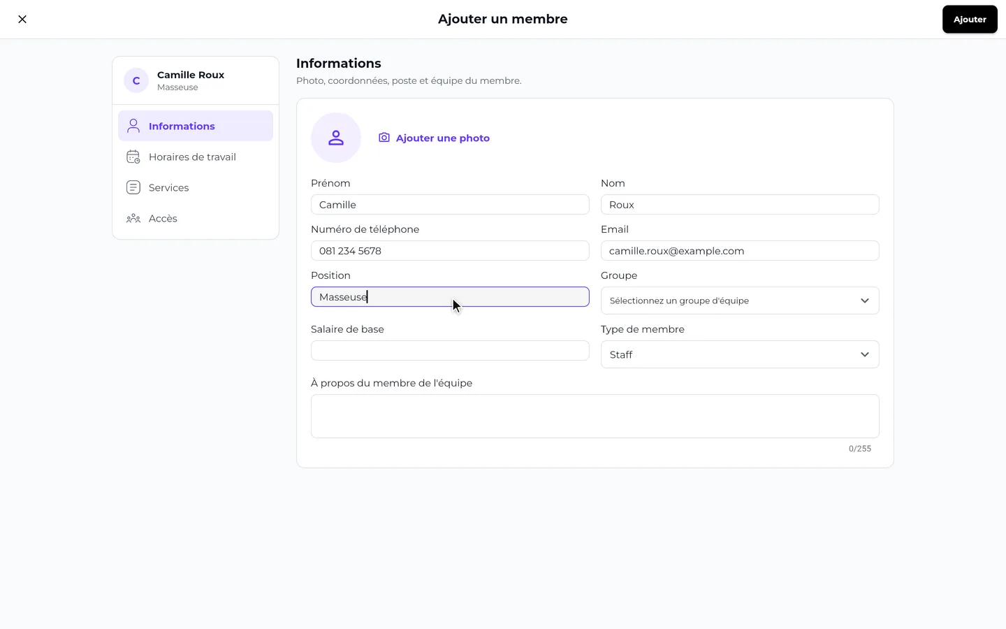 Étape 2 de « Ajouter un membre de l'équipe » dans l’app SeeU for Business