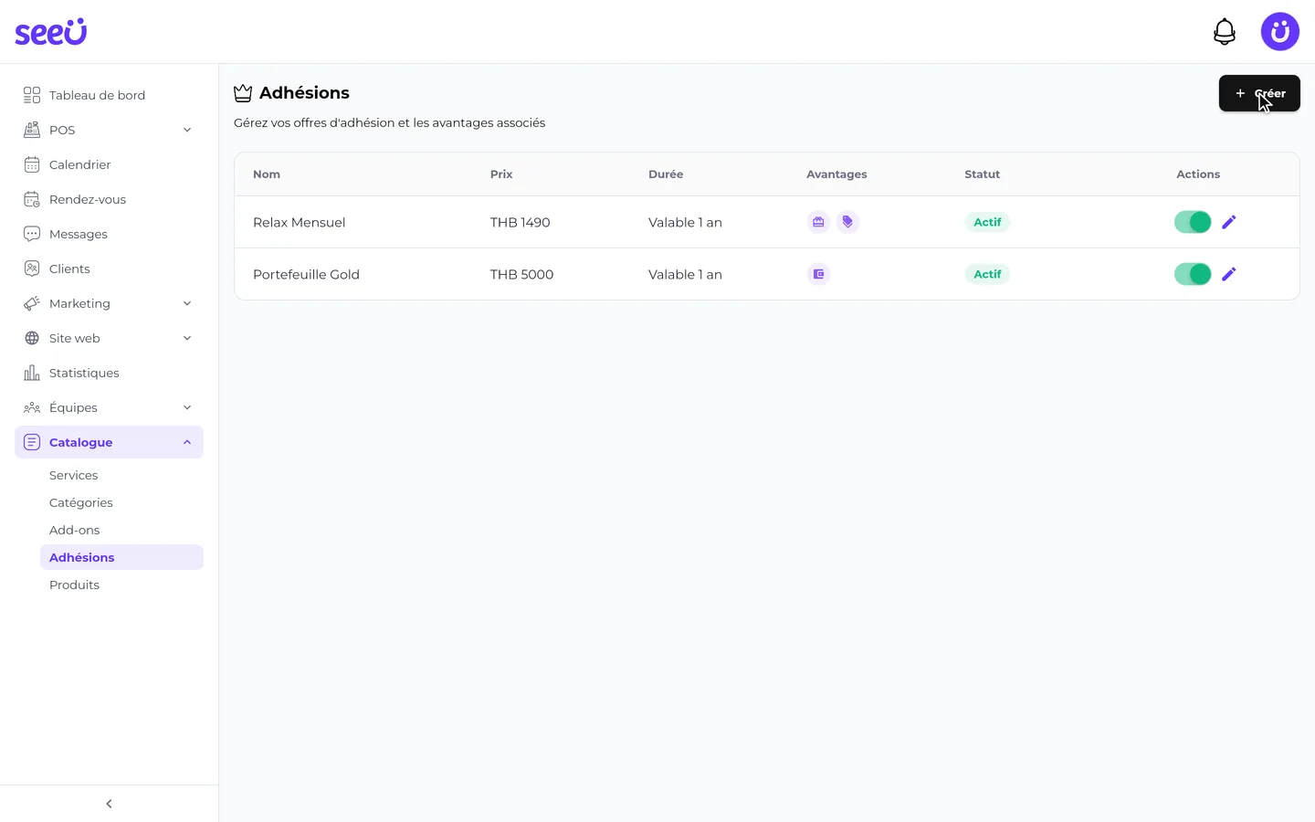 Étape 1 de « Créer une adhésion et l’attribuer à un client » dans l’app SeeU for Business