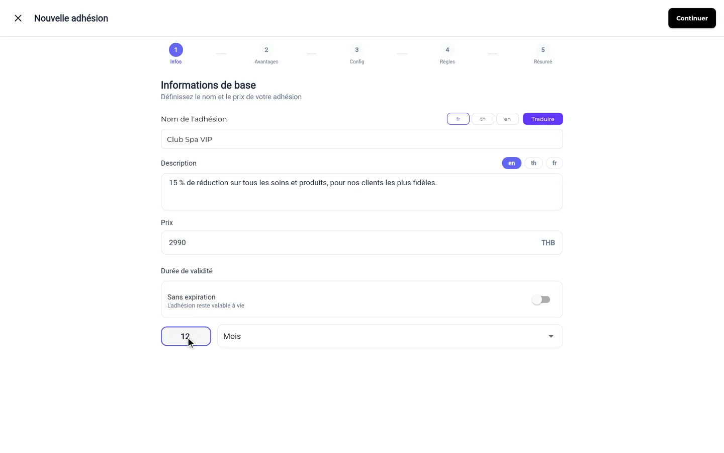Étape 2 de « Créer une adhésion et l’attribuer à un client » dans l’app SeeU for Business